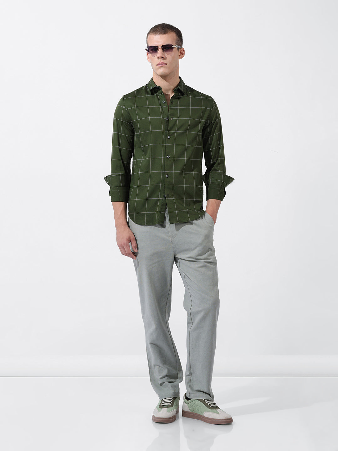 Men's Olive Slim Fit Checked Casual Shirt