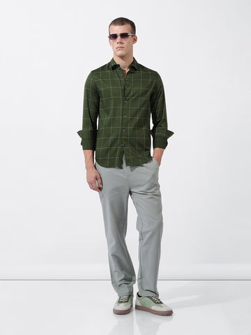 Men's Olive Slim Fit Checked Casual Shirt