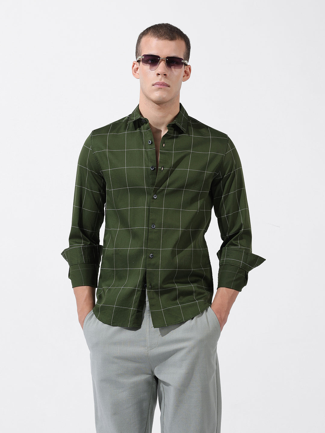 Men's Olive Slim Fit Checked Casual Shirt