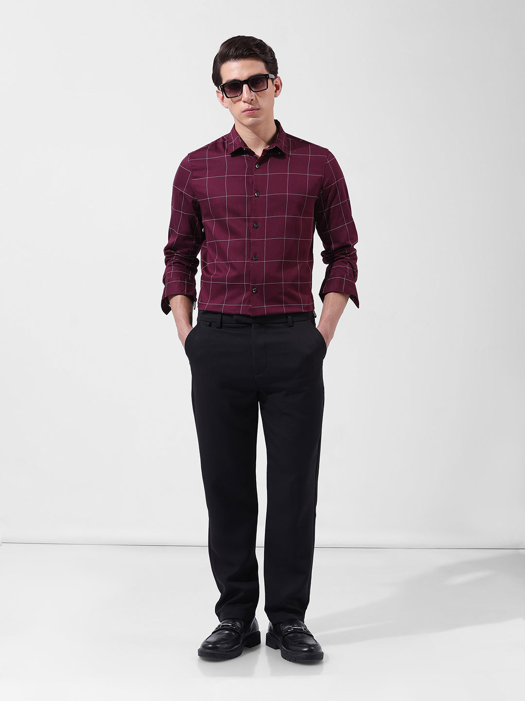 Men's Maroon Slim Fit Checked Casual Shirt