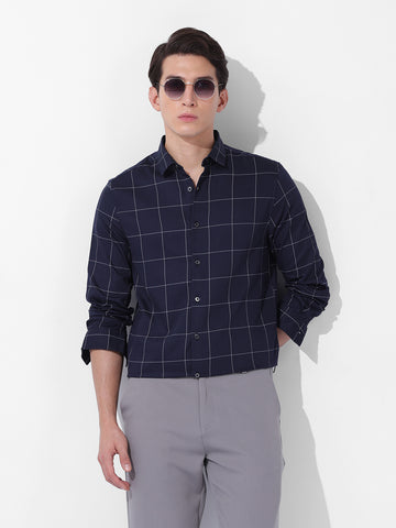 Men's Navy Blue Slim Fit Checked Casual Shirt
