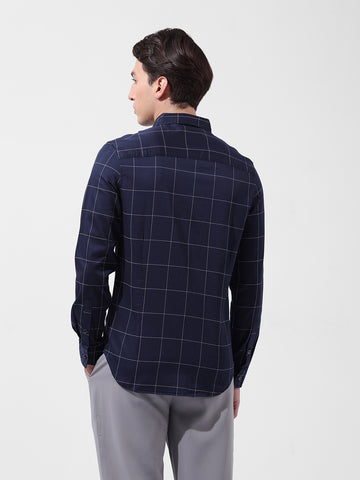 Men's Navy Blue Slim Fit Checked Casual Shirt