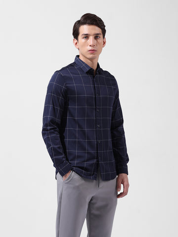 Men's Navy Blue Slim Fit Checked Casual Shirt