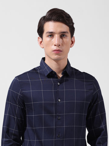 Men's Navy Blue Slim Fit Checked Casual Shirt