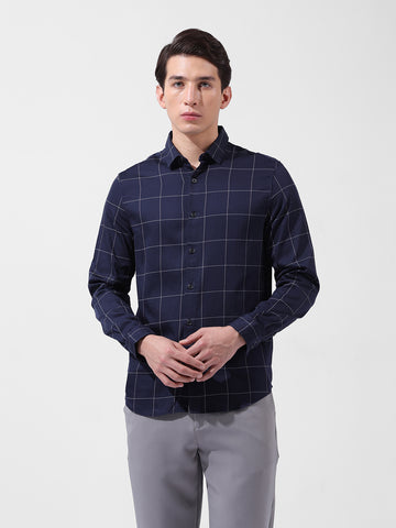 Men's Navy Blue Slim Fit Checked Casual Shirt