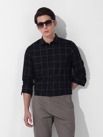 Men's Black Slim Fit Checked Casual Shirt