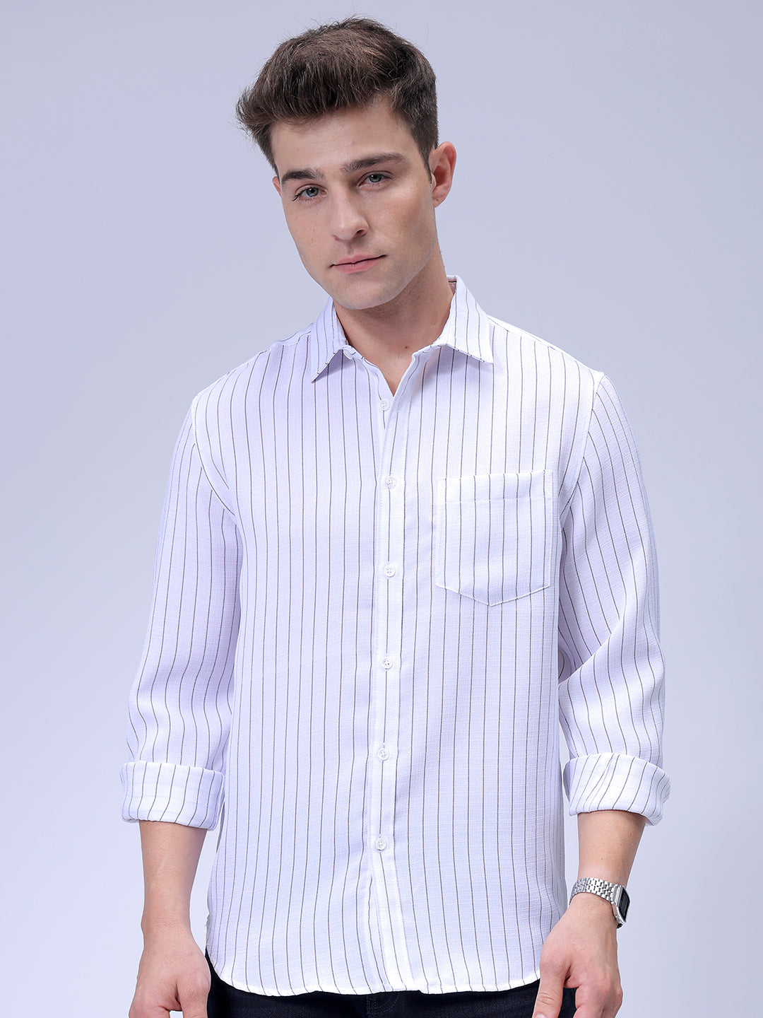 Men's White Slim Fit Striped Casual Shirt