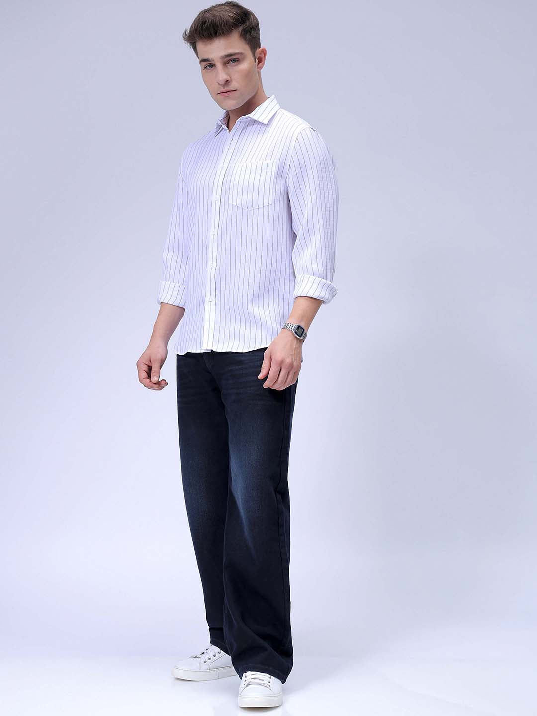 Men's White Slim Fit Striped Casual Shirt