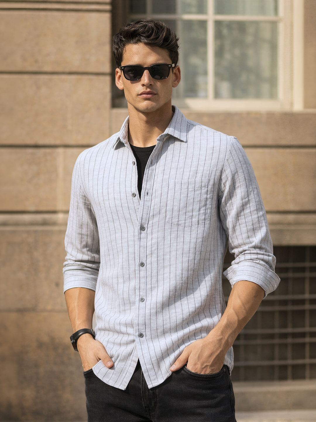 Men's Grey Slim Fit Striped Casual Shirt