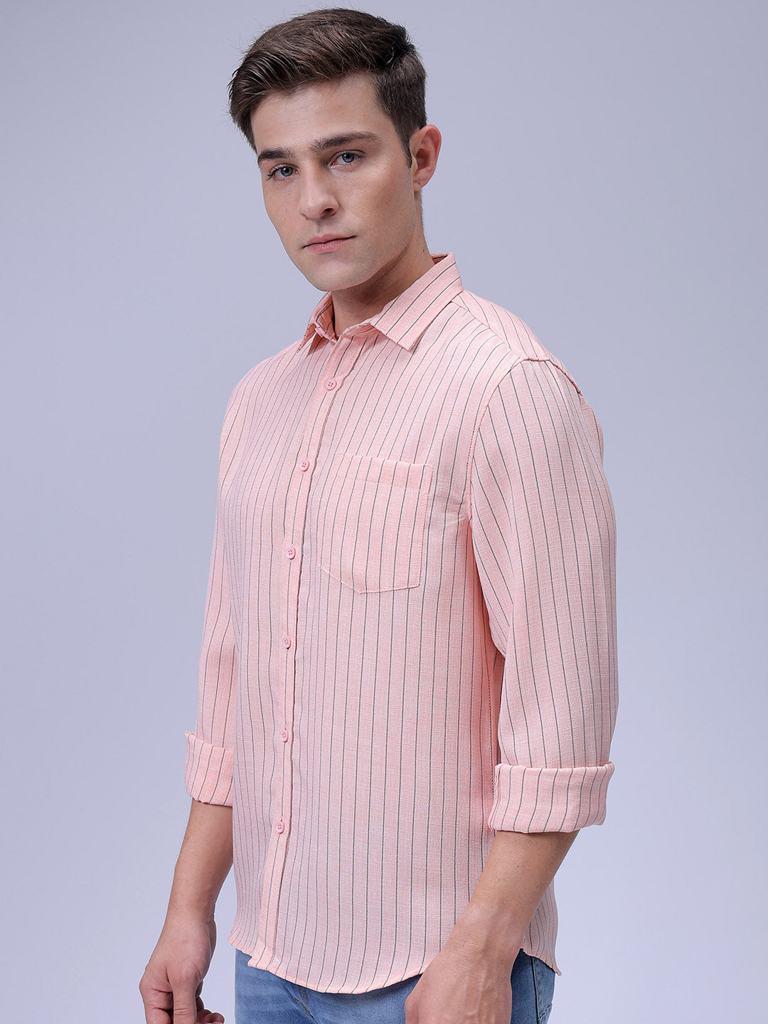 Men's Orange Slim Fit Striped Casual Shirt