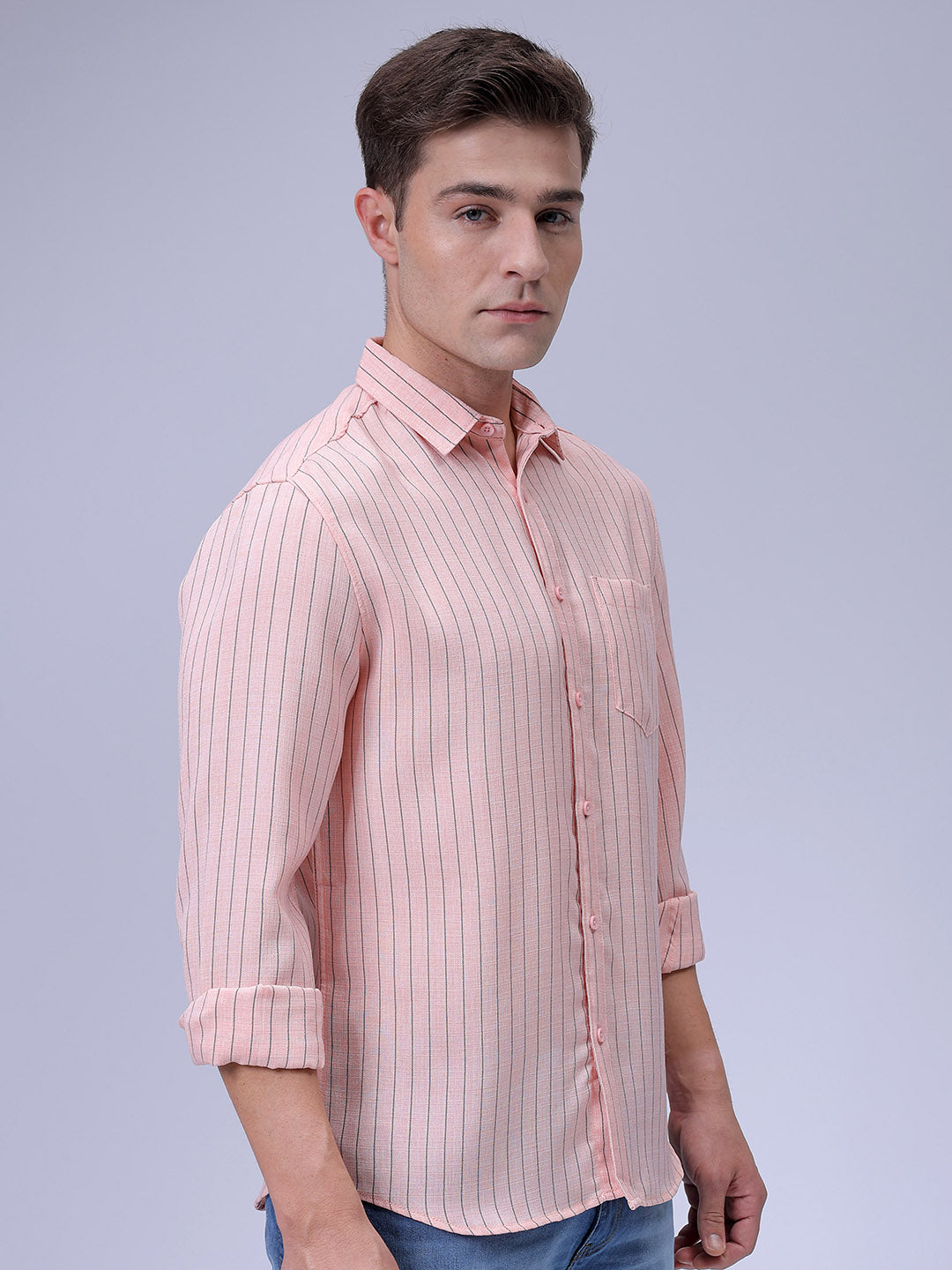 Men's Orange Slim Fit Striped Casual Shirt