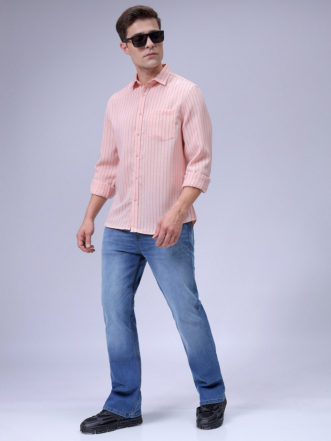 Men's Orange Slim Fit Striped Casual Shirt