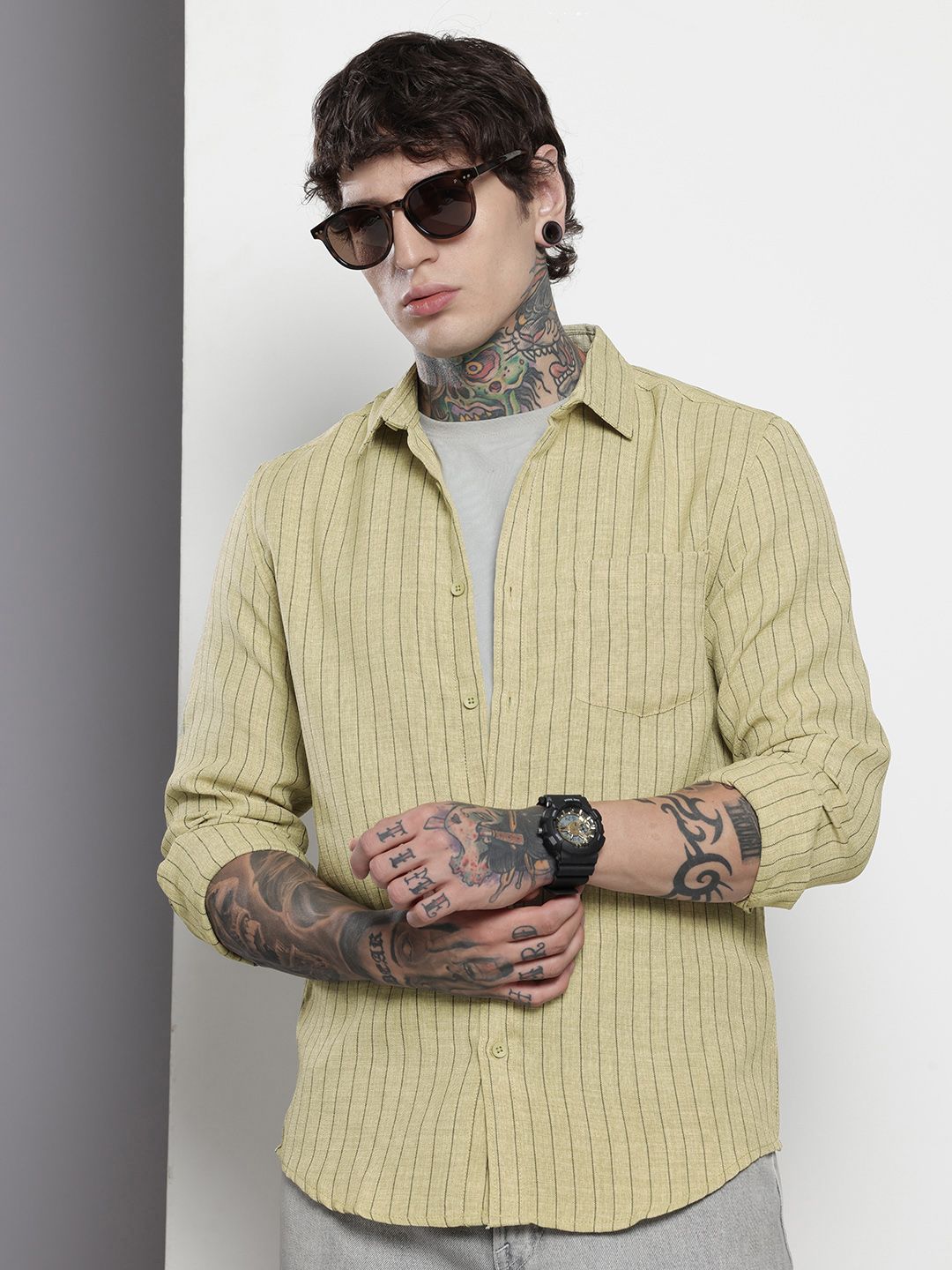 Men's Olive Slim Fit Striped Casual Shirt