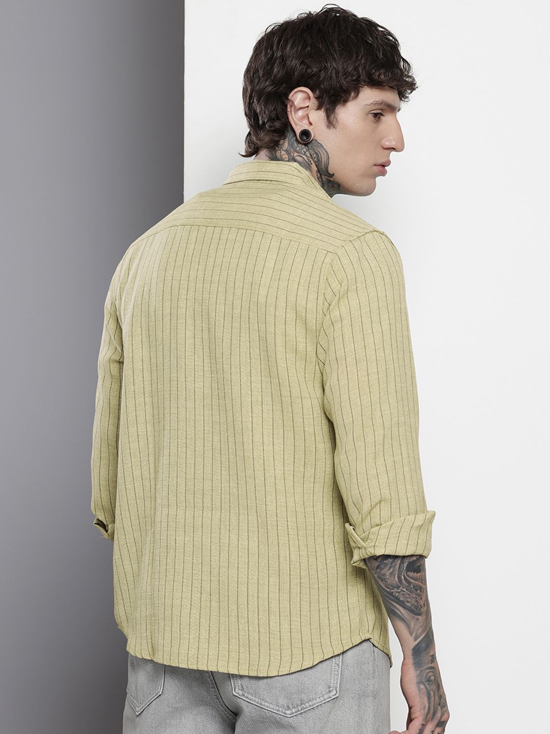 Men's Olive Slim Fit Striped Casual Shirt