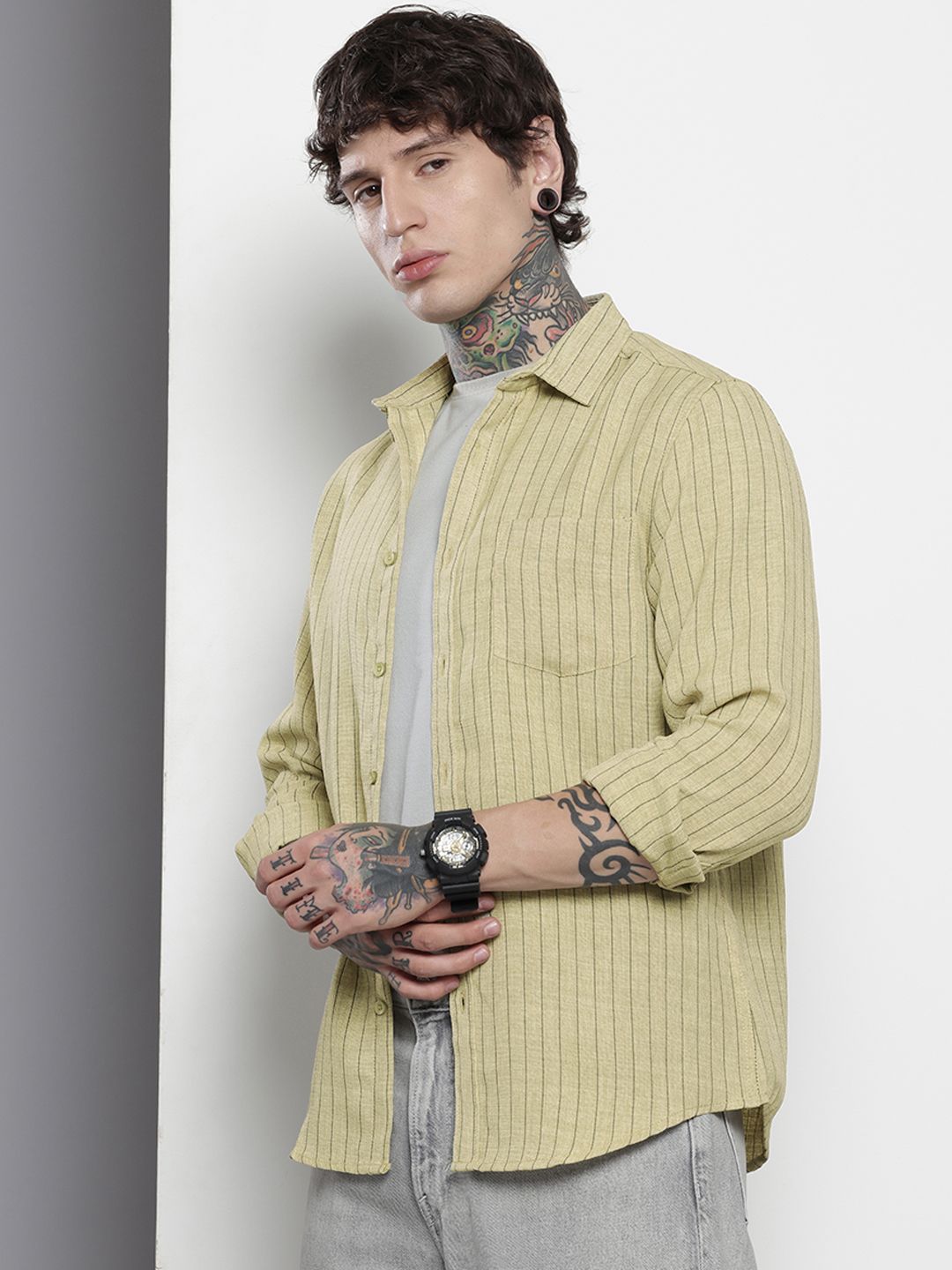 Men's Olive Slim Fit Striped Casual Shirt