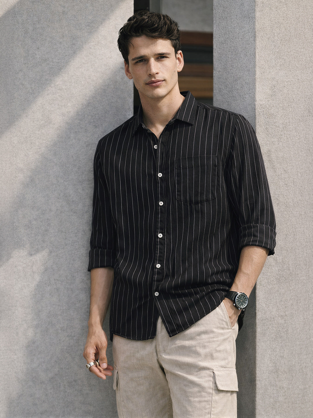 Men's Black Slim Fit Striped Casual Shirt