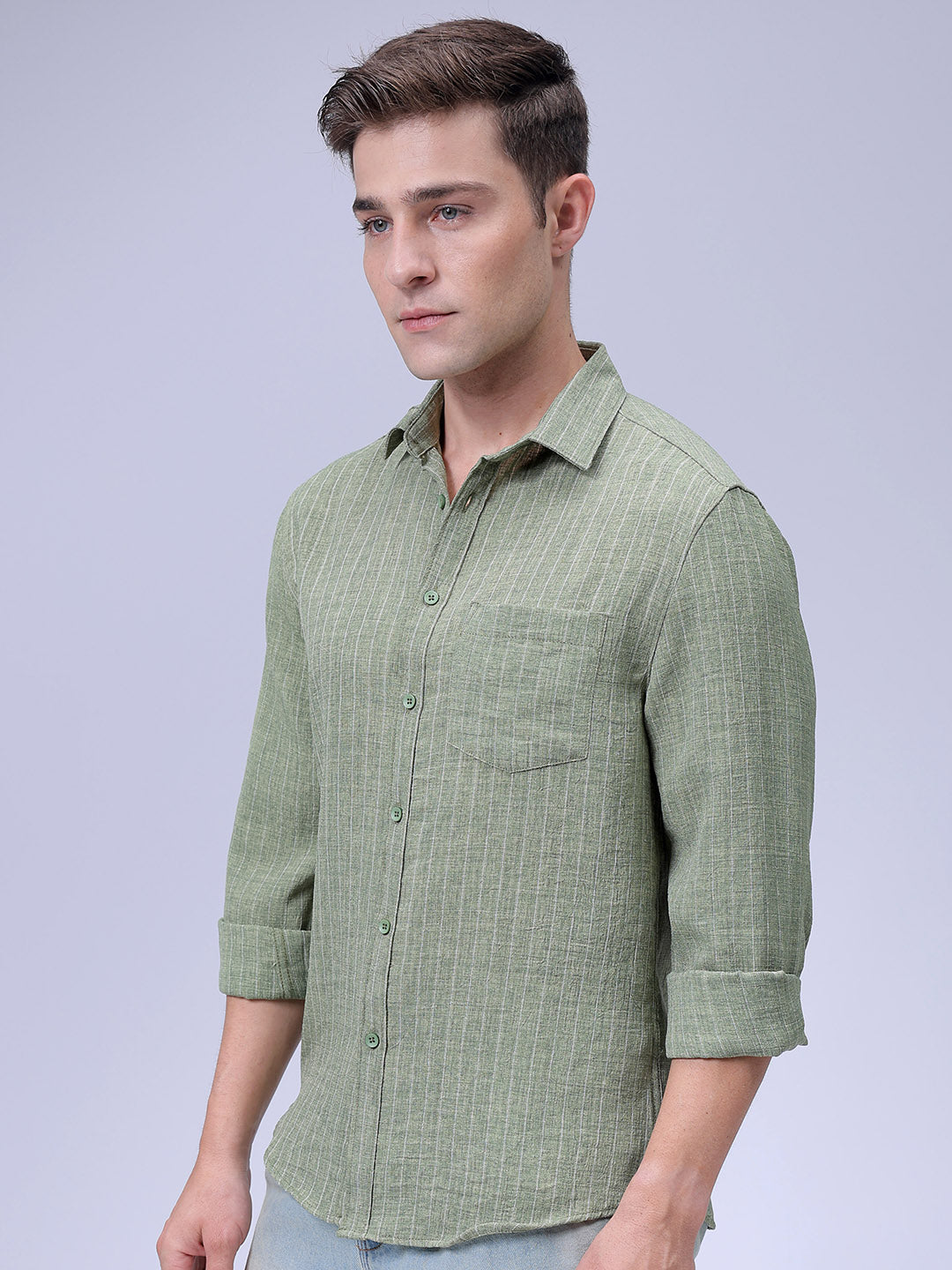 Men's Green Slim Fit Striped Casual Shirt