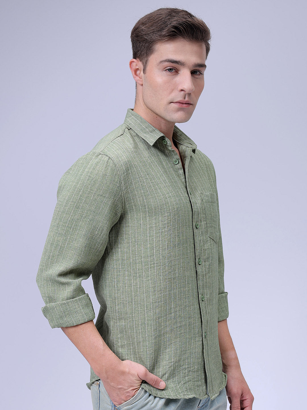 Men's Green Slim Fit Striped Casual Shirt