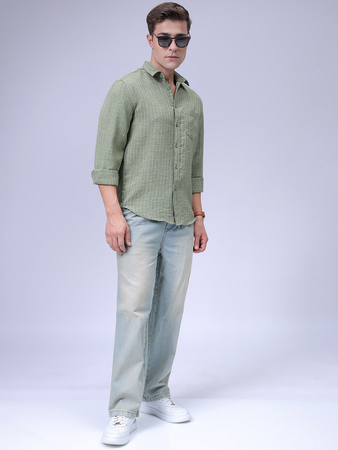 Men's Green Slim Fit Striped Casual Shirt