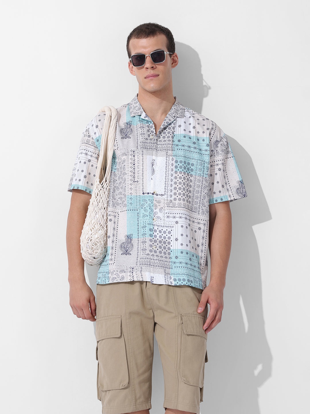 Men's Beige Relaxed Fit Printed Resort Wear Shirt