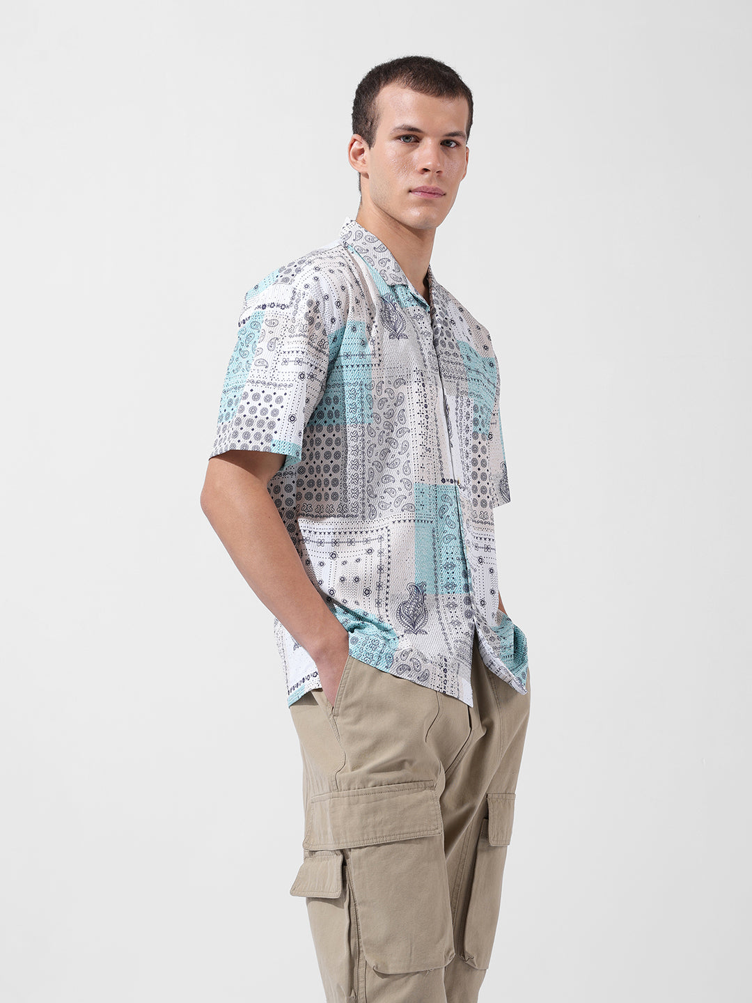 Men's Beige Relaxed Fit Printed Resort Wear Shirt