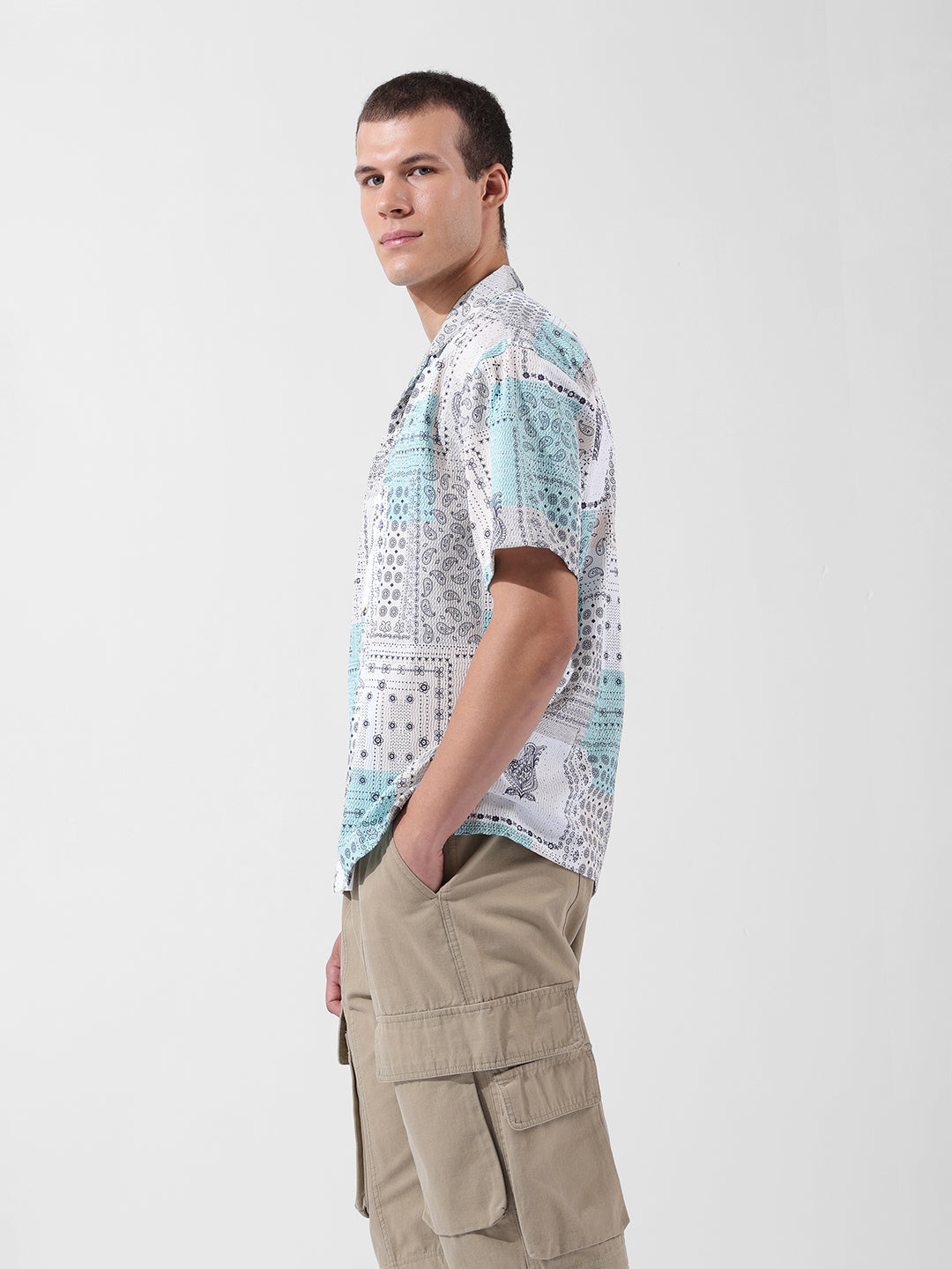 Men's Beige Relaxed Fit Printed Resort Wear Shirt