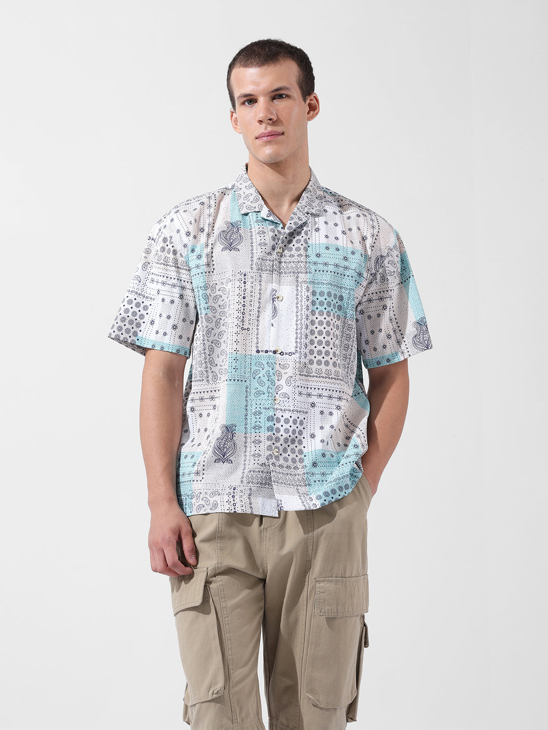Men's Beige Relaxed Fit Printed Resort Wear Shirt