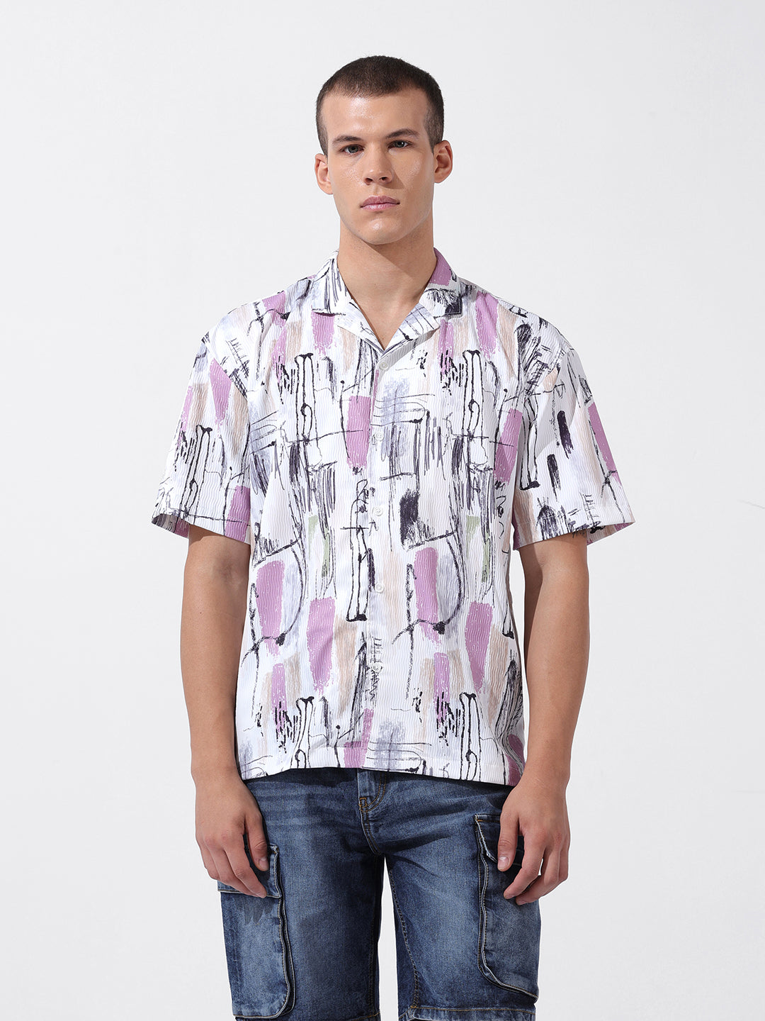 Men's White Relaxed Fit Printed Resort Wear Shirt