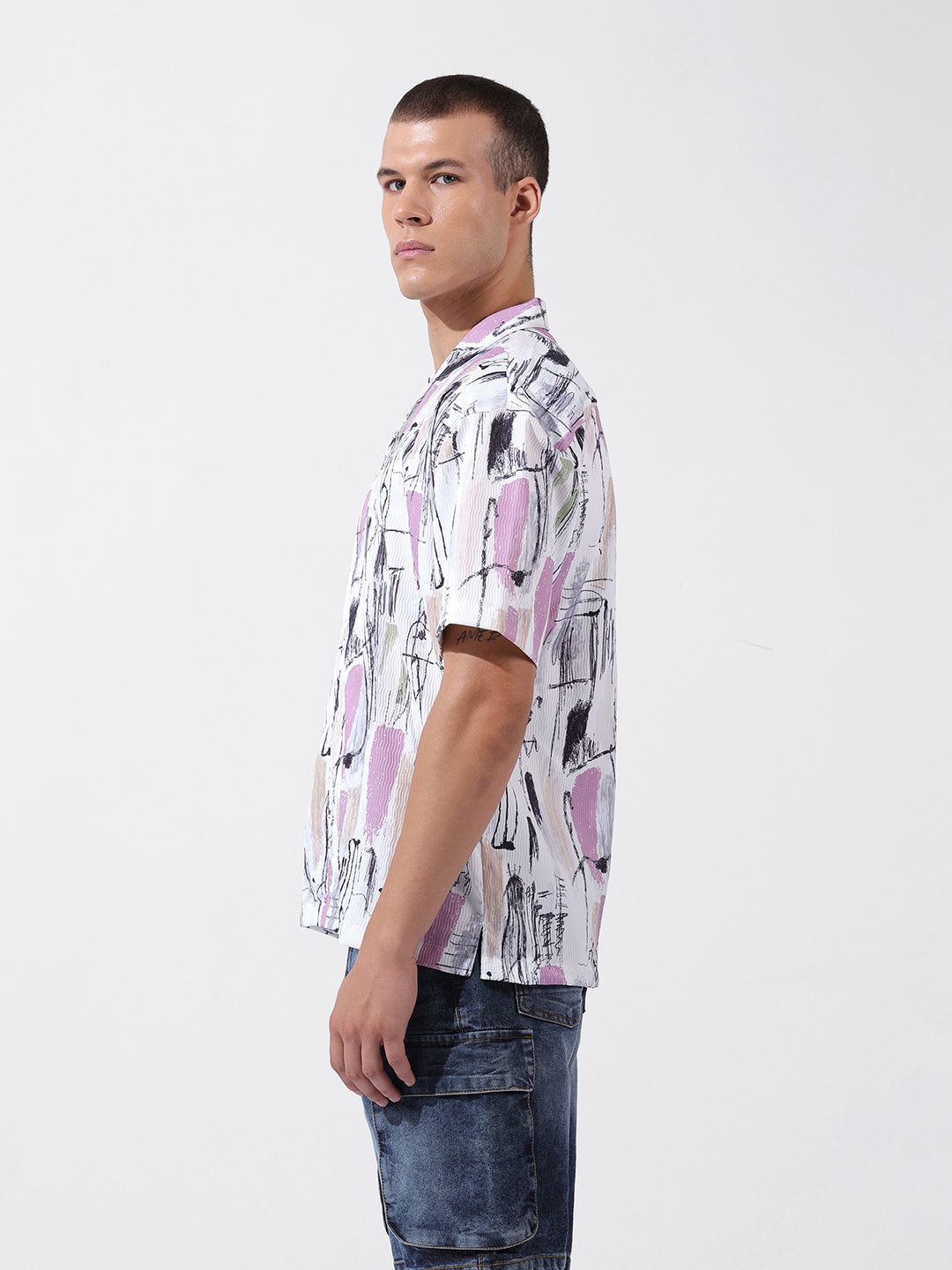 Men's White Relaxed Fit Printed Resort Wear Shirt