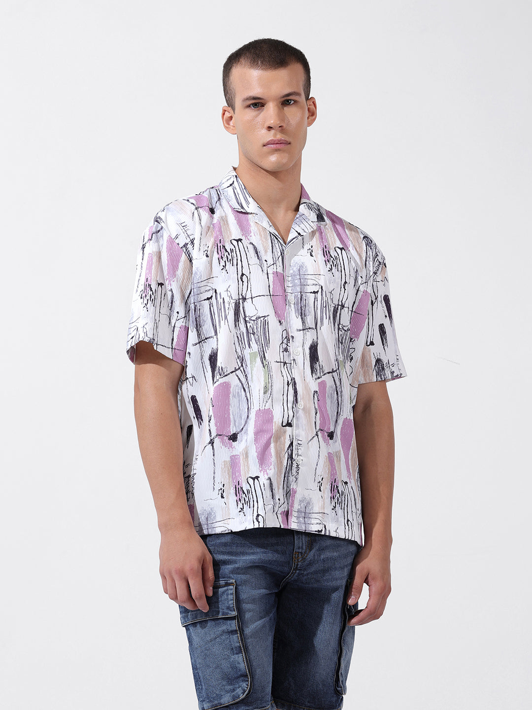 Men's White Relaxed Fit Printed Resort Wear Shirt