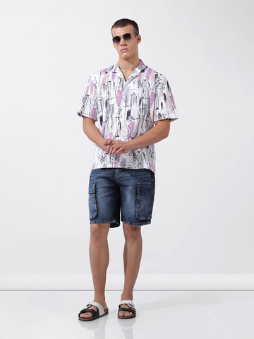 Men's White Relaxed Fit Printed Resort Wear Shirt