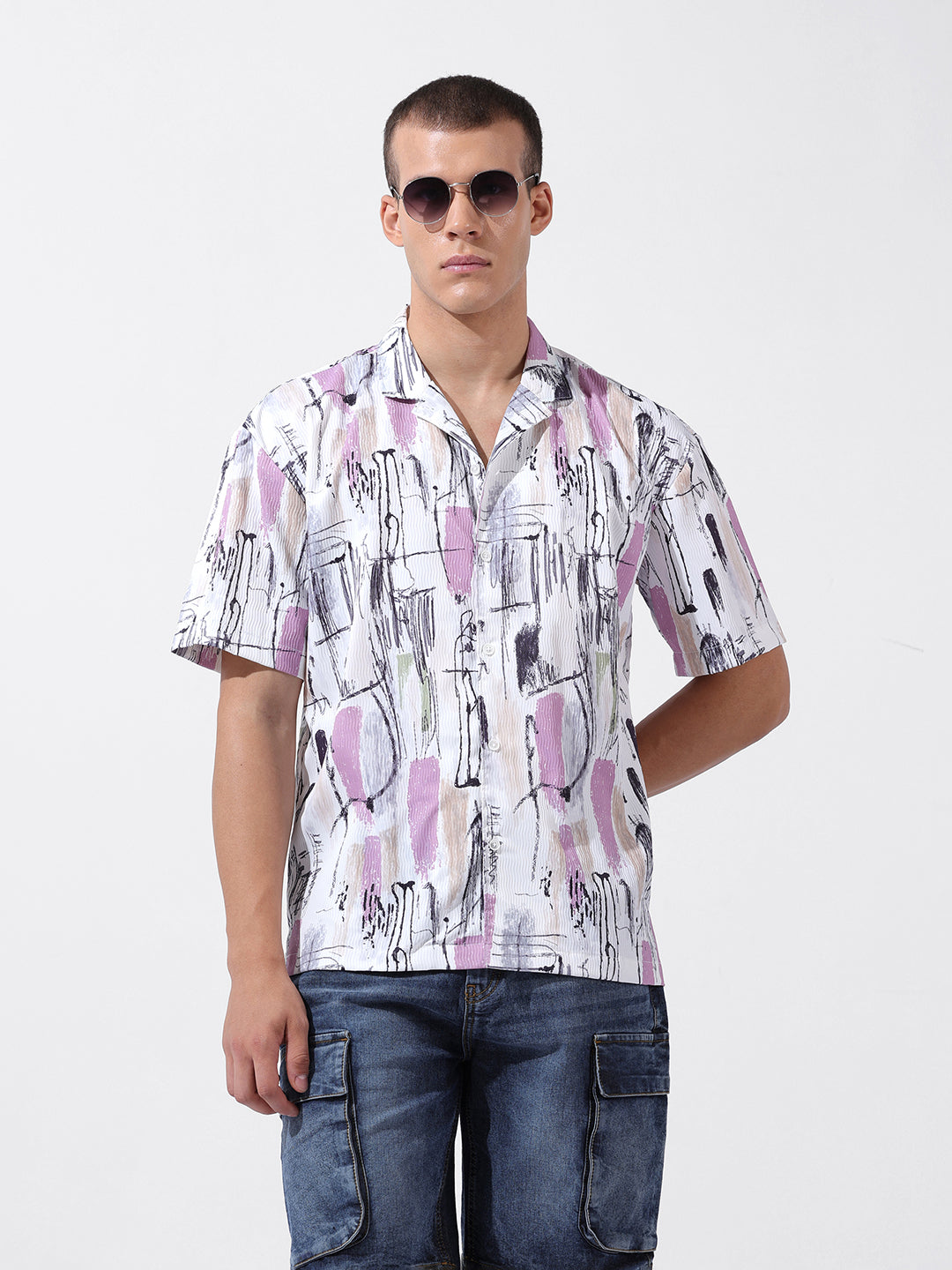 Men's White Relaxed Fit Printed Resort Wear Shirt