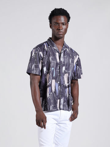 Men's Black Relaxed Fit Printed Resort Wear Shirt