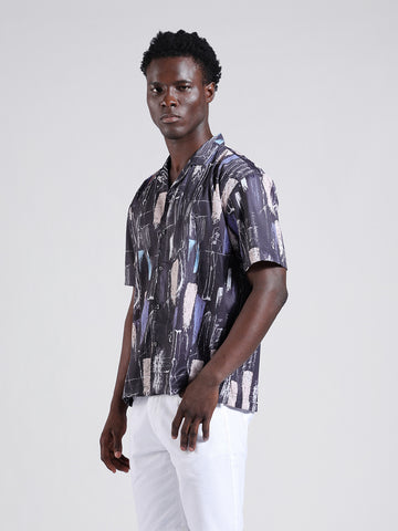 Men's Black Relaxed Fit Printed Resort Wear Shirt