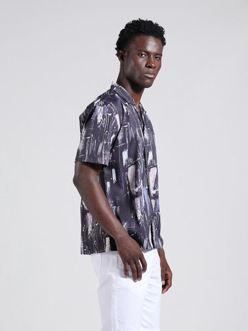 Men's Black Relaxed Fit Printed Resort Wear Shirt