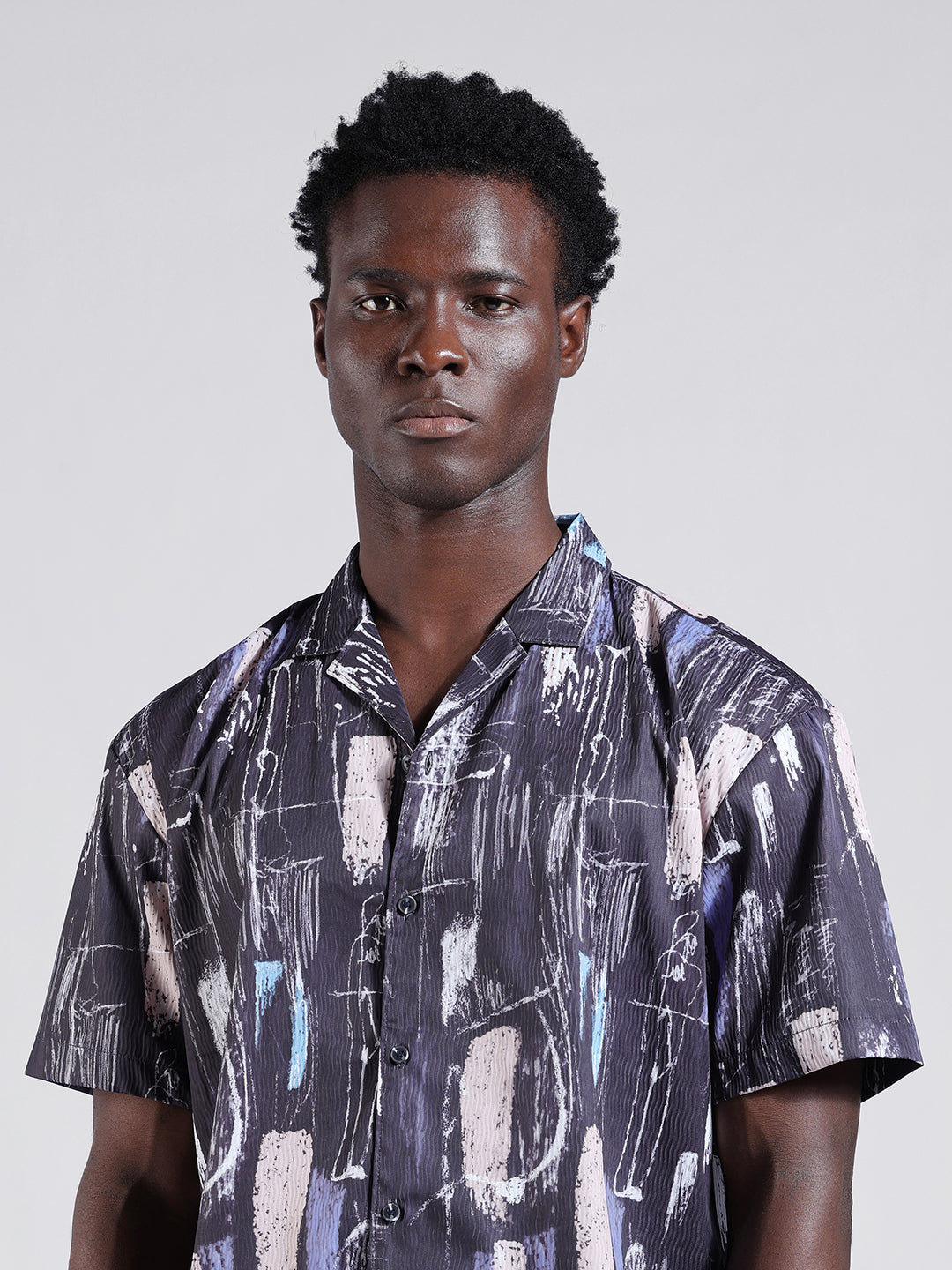 Men's Black Relaxed Fit Printed Resort Wear Shirt