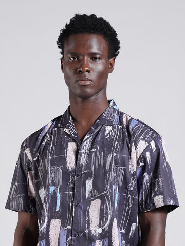 Men's Black Relaxed Fit Printed Resort Wear Shirt