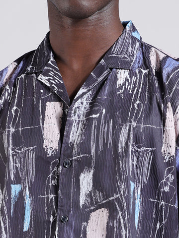 Men's Black Relaxed Fit Printed Resort Wear Shirt