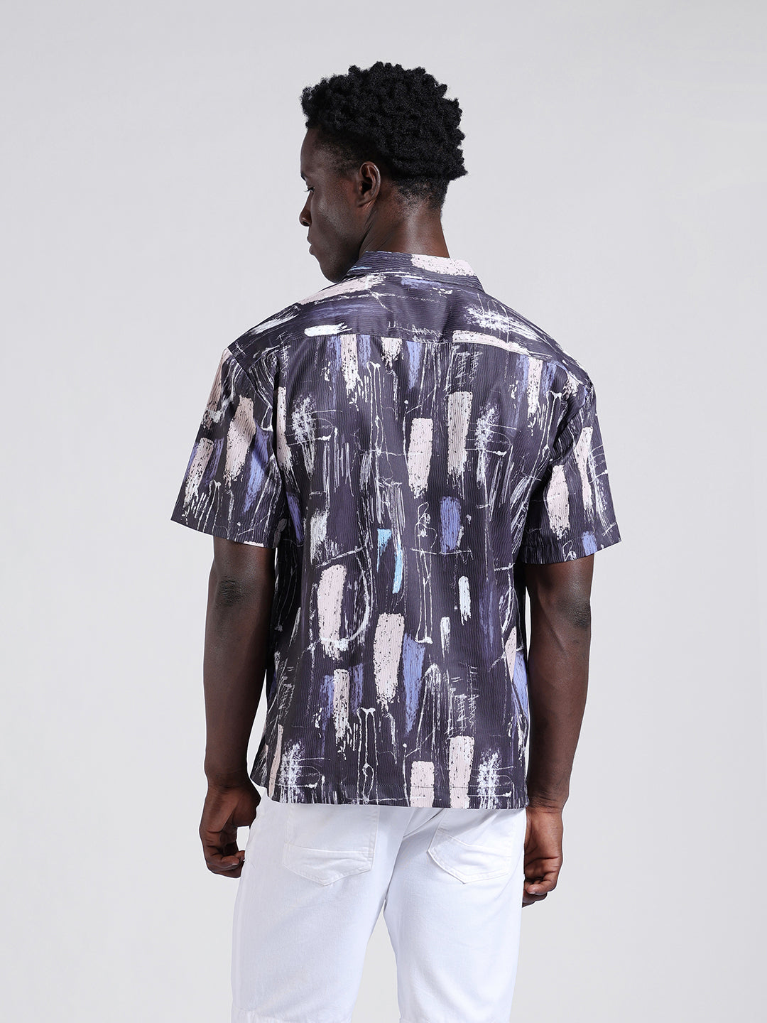 Men's Black Relaxed Fit Printed Resort Wear Shirt