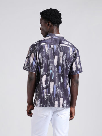 Men's Black Relaxed Fit Printed Resort Wear Shirt
