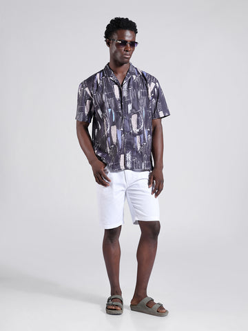 Men's Black Relaxed Fit Printed Resort Wear Shirt