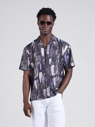 Men's Black Relaxed Fit Printed Resort Wear Shirt