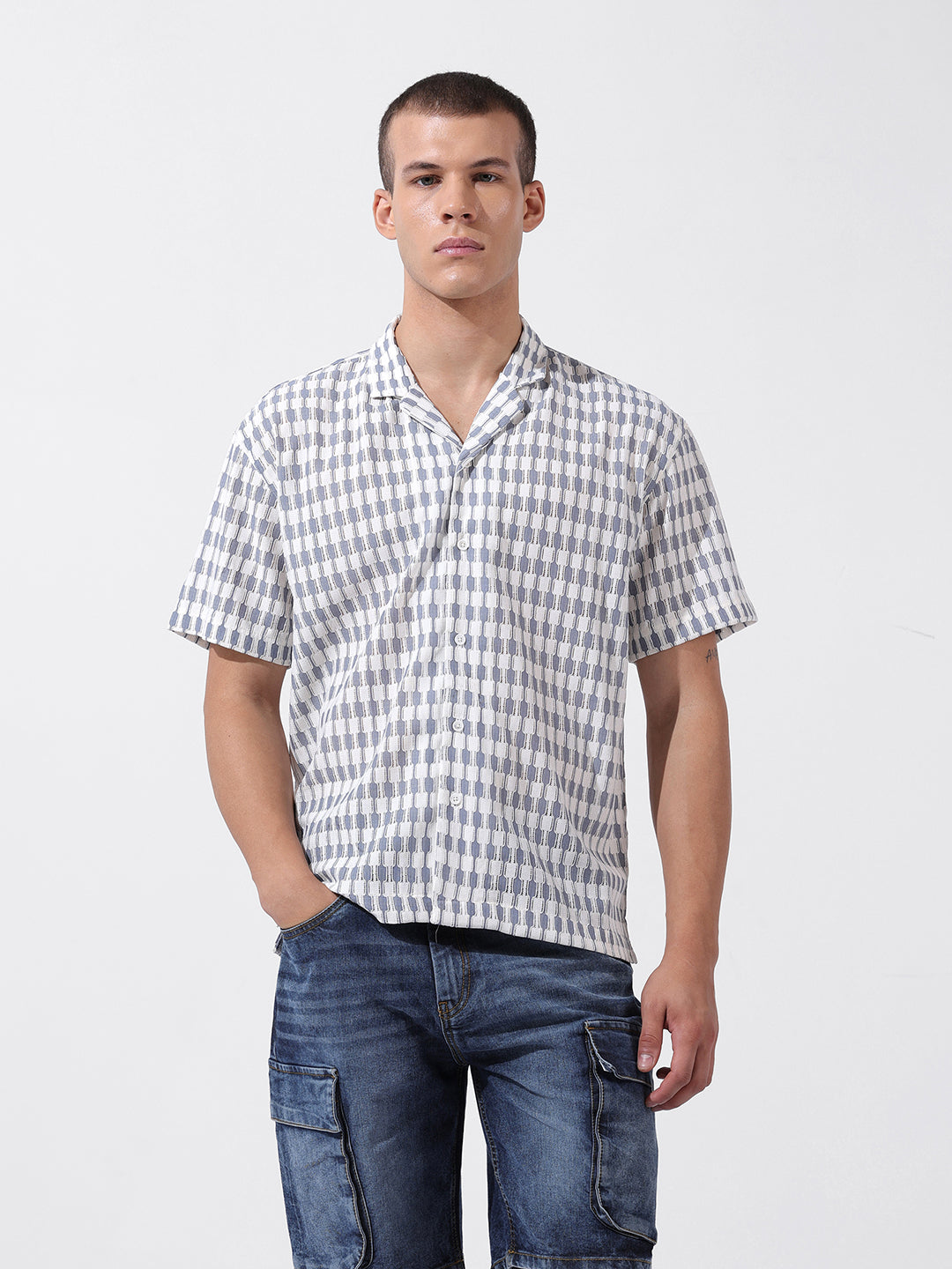 Men's Blue Relaxed Fit Solid Resort Wear Shirt