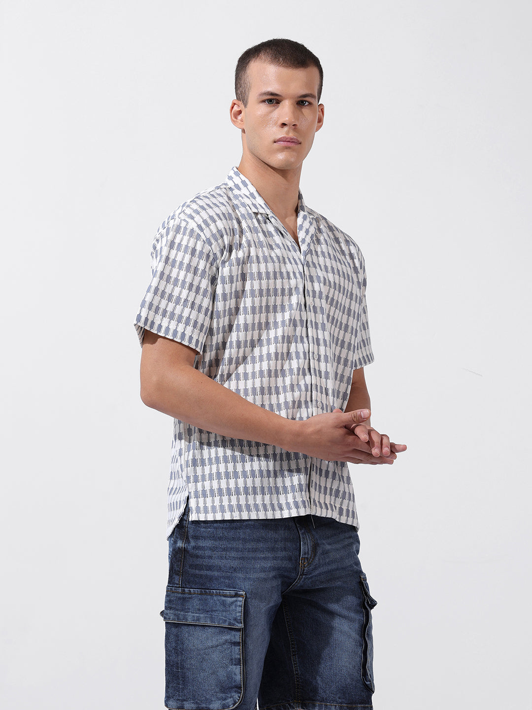 Men's Blue Relaxed Fit Solid Resort Wear Shirt