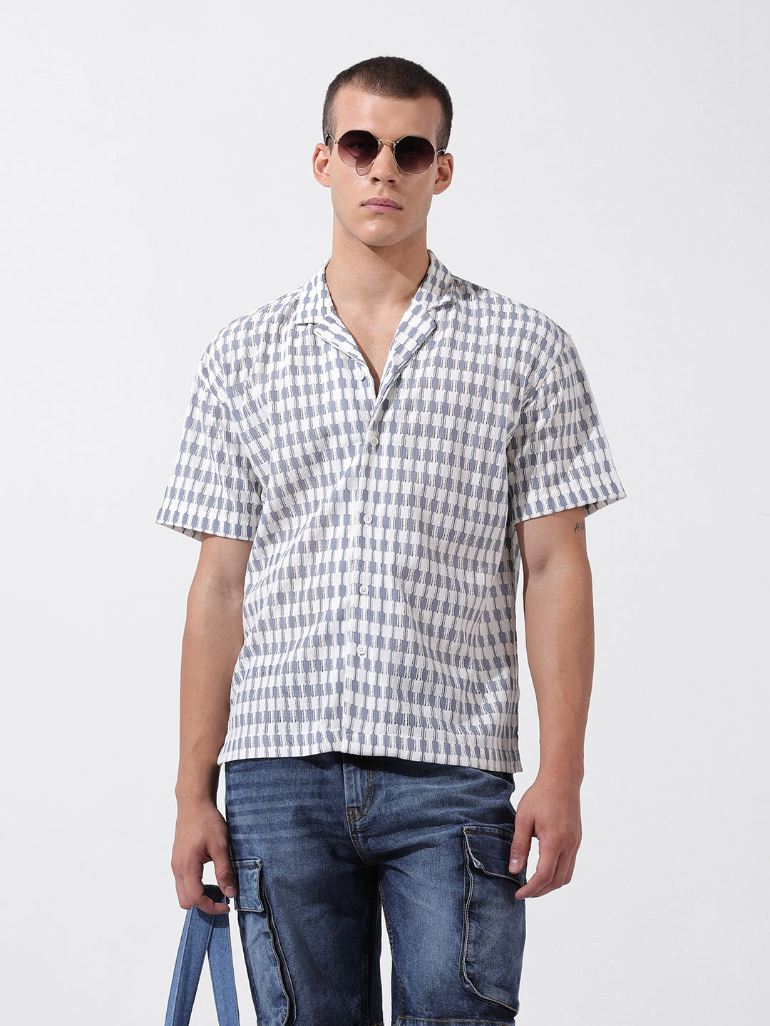 Men's Blue Relaxed Fit Solid Resort Wear Shirt