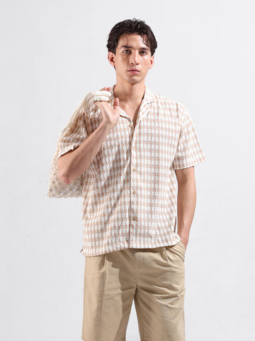 Men's Beige Relaxed Fit Solid Resort Wear Shirt