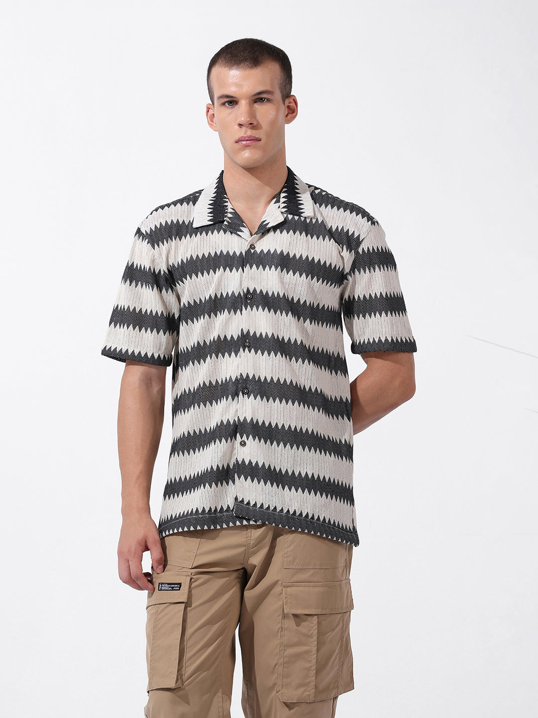 Men's Beige Relaxed Fit Textured Textured Shirt