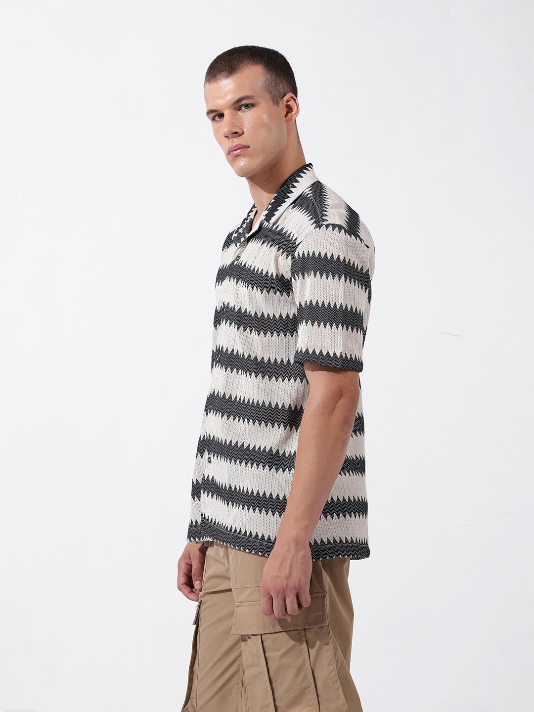 Men's Beige Relaxed Fit Textured Textured Shirt