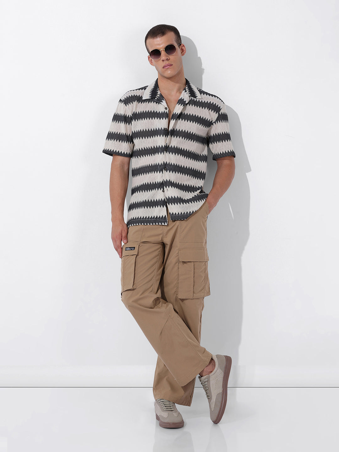 Men's Beige Relaxed Fit Textured Textured Shirt