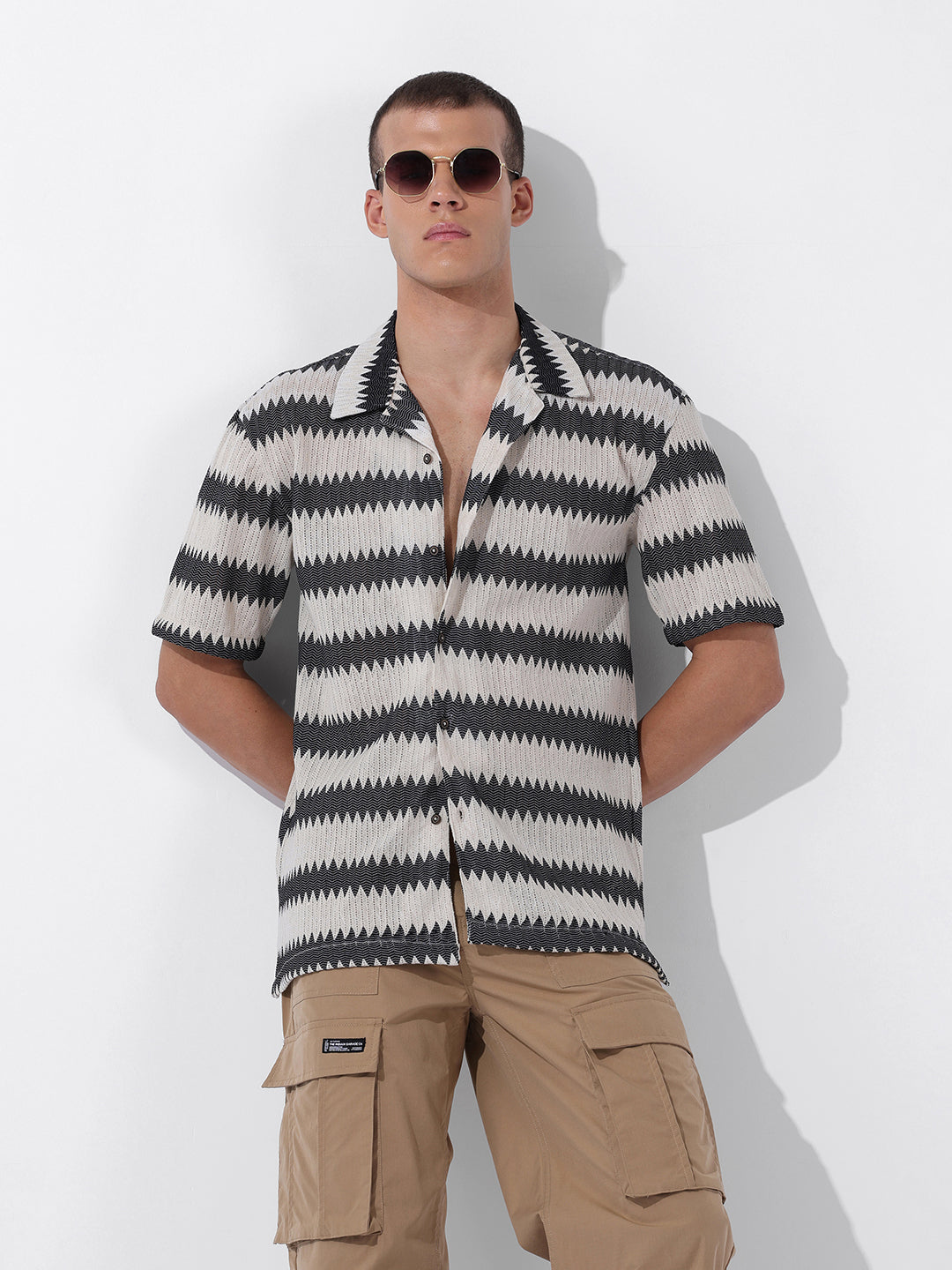 Men's Beige Relaxed Fit Textured Textured Shirt